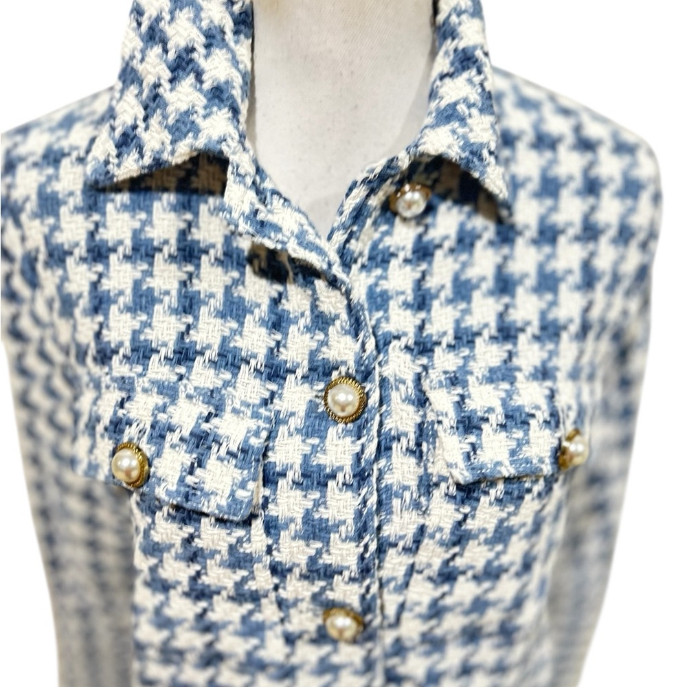 Zara Blue and White Houndstooth Button Down Shirt - Picture 6 of 12